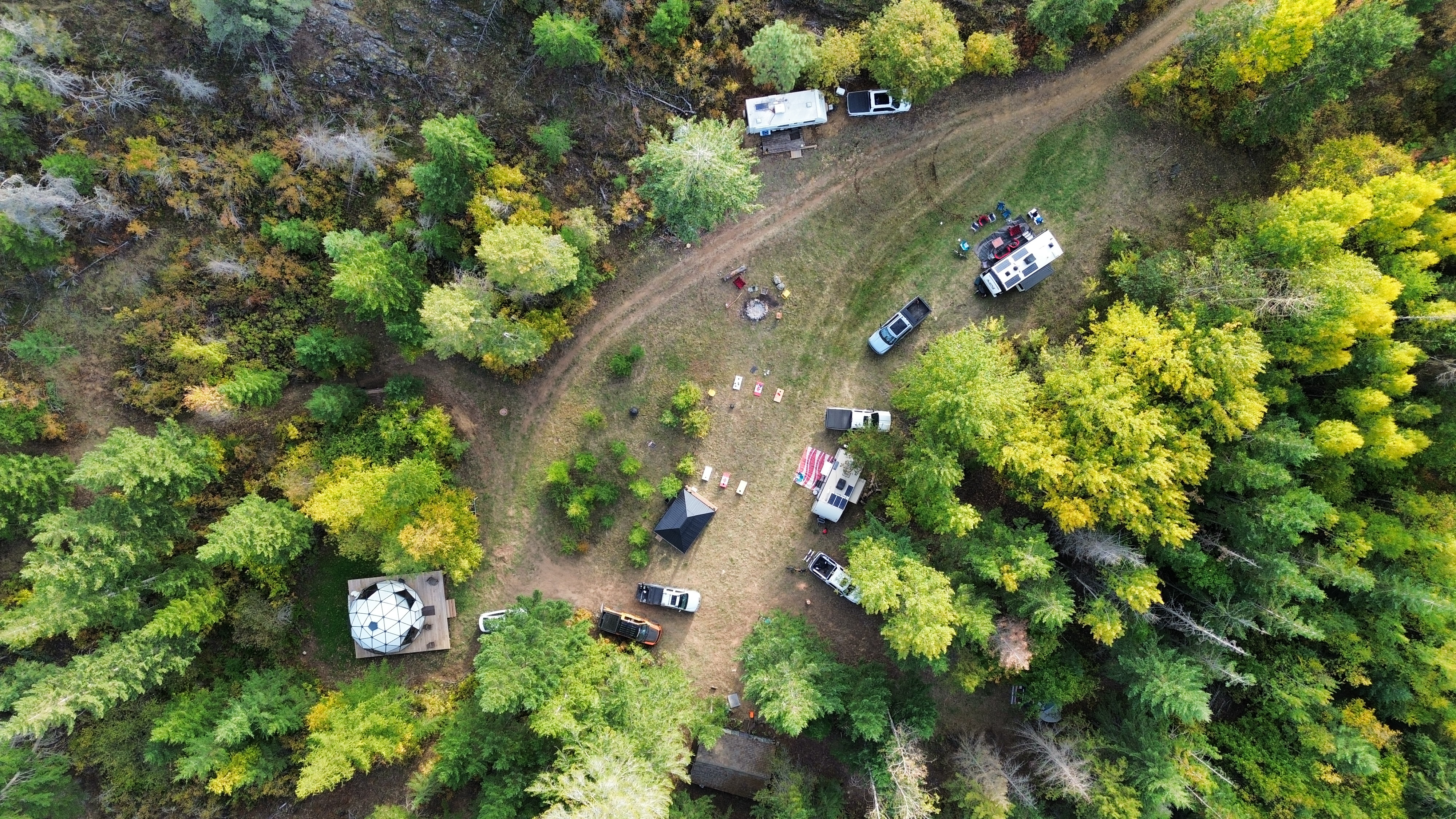 View of the geodesic dome and camping area fully occupied